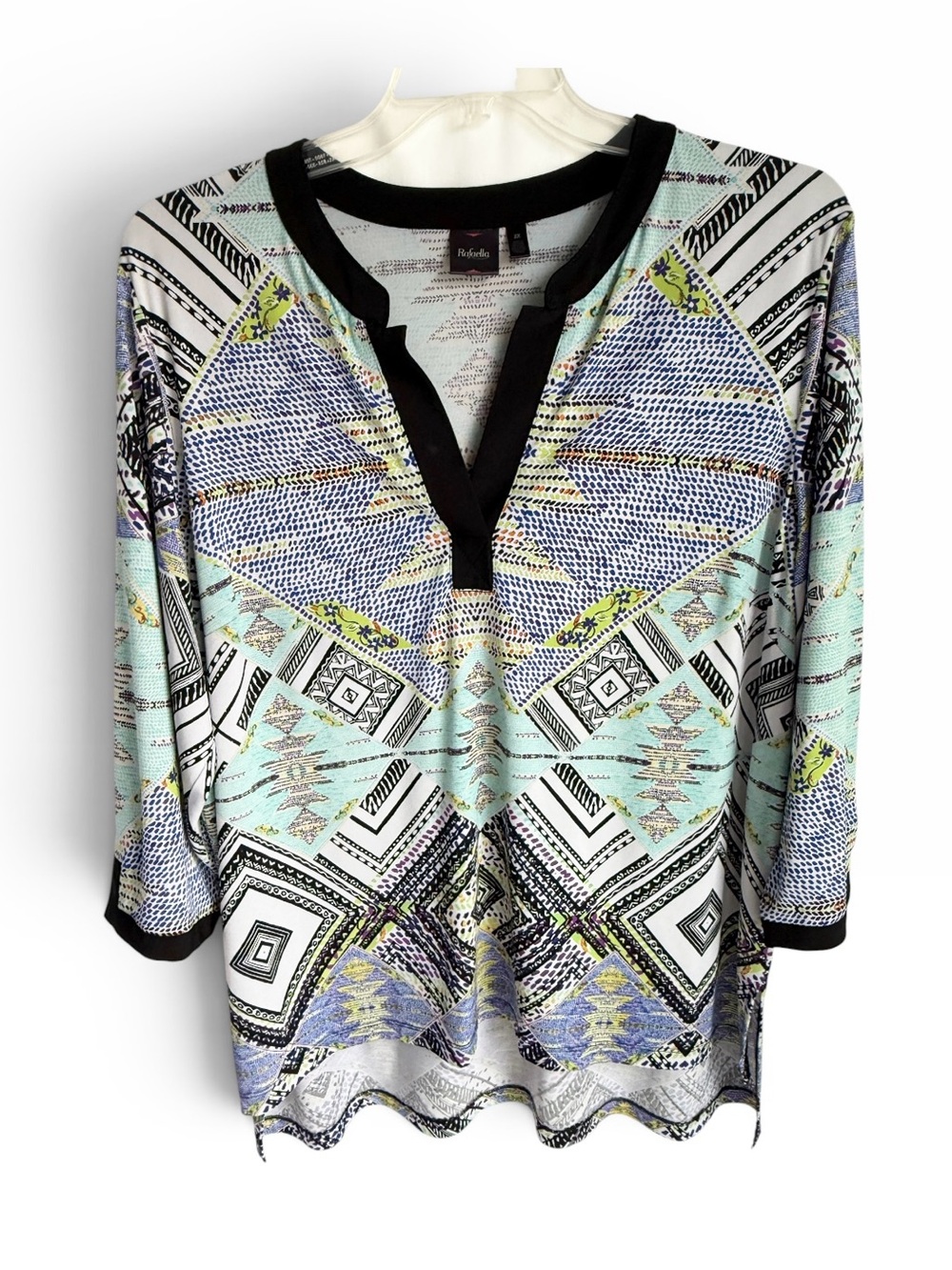 Rafaella Mint, Black & Lavender Geometric Tunic Top